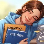 Ilustração digital de uma jovem sorridente abraçando livros de Matemática e História ao lado de uma pilha de documentos com a etiqueta "Itinerários". Representa a satisfação e a escolha do percurso escolar no ensino médio.