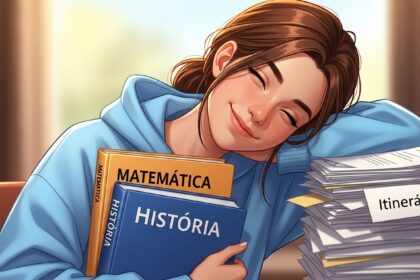 Ilustração digital de uma jovem sorridente abraçando livros de Matemática e História ao lado de uma pilha de documentos com a etiqueta "Itinerários". Representa a satisfação e a escolha do percurso escolar no ensino médio.