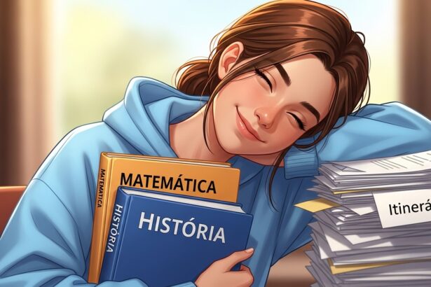 Ilustração digital de uma jovem sorridente abraçando livros de Matemática e História ao lado de uma pilha de documentos com a etiqueta "Itinerários". Representa a satisfação e a escolha do percurso escolar no ensino médio.