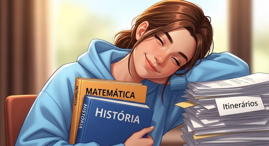 Ilustração digital de uma jovem sorridente abraçando livros de Matemática e História ao lado de uma pilha de documentos com a etiqueta "Itinerários". Representa a satisfação e a escolha do percurso escolar no ensino médio.