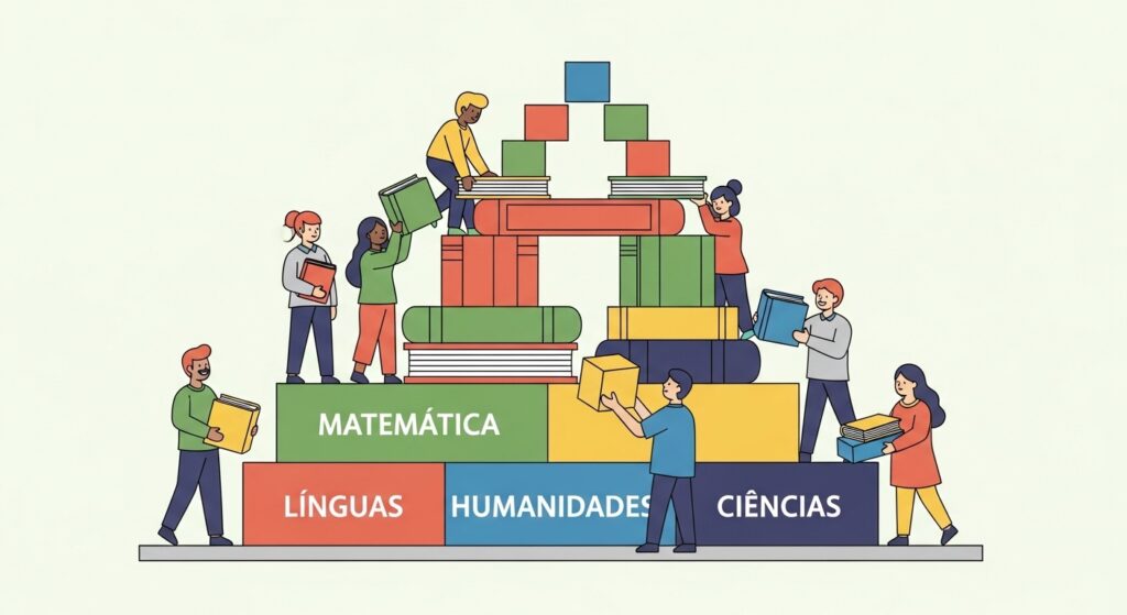 Desenho de diversos estudantes construindo uma pirâmide de blocos coloridos que representam as áreas do conhecimento: Matemática, Línguas, Humanidades e Ciências. Metáfora visual para a estrutura colaborativa do Novo Ensino Médio.