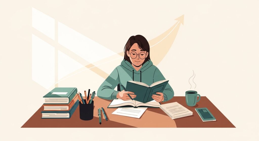 Ilustração em estilo flat de uma estudante estudando concentrada em uma mesa com livros, café e canetas. Ao fundo, uma seta ascendente simboliza progresso acadêmico e o desenvolvimento dos itinerários formativos.