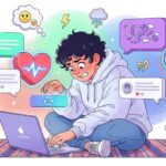 Ilustração de um jovem sentado no chão demonstrando ansiedade enquanto olha para um laptop com a tela de carregamento. Ao redor dele, balões de pensamento mostram ícones de relógio, batimentos cardíacos, notificações e emojis tristes, simbolizando o estresse de aguardar um resultado ou atualização importante.