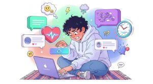 Ilustração de um jovem sentado no chão demonstrando ansiedade enquanto olha para um laptop com a tela de carregamento. Ao redor dele, balões de pensamento mostram ícones de relógio, batimentos cardíacos, notificações e emojis tristes, simbolizando o estresse de aguardar um resultado ou atualização importante.