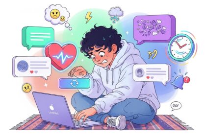 Ilustração de um jovem sentado no chão demonstrando ansiedade enquanto olha para um laptop com a tela de carregamento. Ao redor dele, balões de pensamento mostram ícones de relógio, batimentos cardíacos, notificações e emojis tristes, simbolizando o estresse de aguardar um resultado ou atualização importante.