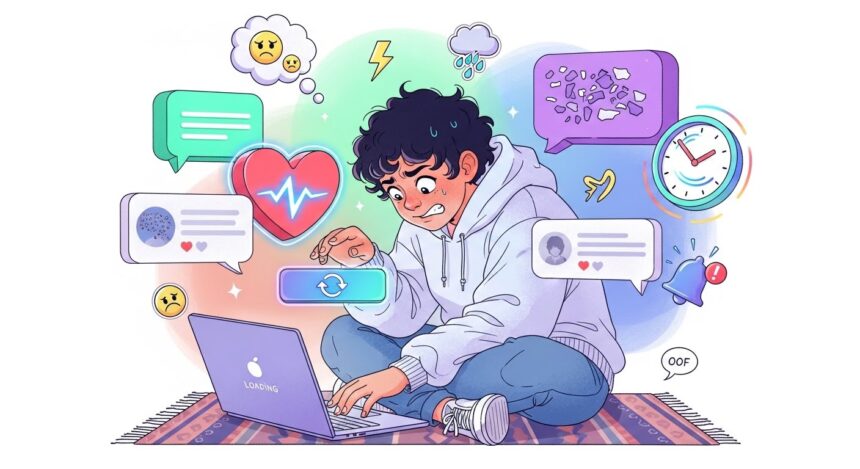 Ilustração de um jovem sentado no chão demonstrando ansiedade enquanto olha para um laptop com a tela de carregamento. Ao redor dele, balões de pensamento mostram ícones de relógio, batimentos cardíacos, notificações e emojis tristes, simbolizando o estresse de aguardar um resultado ou atualização importante.