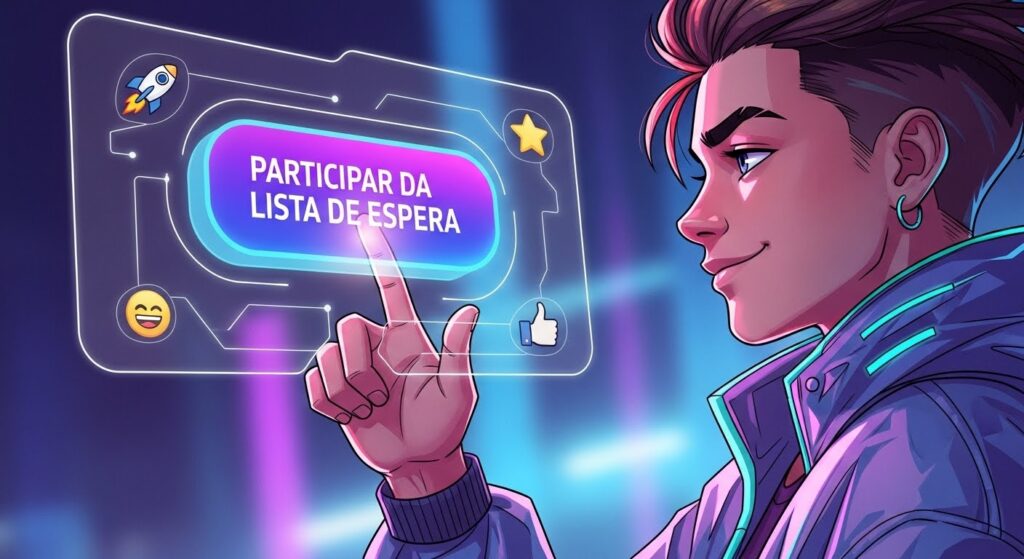 Ilustração em estilo anime de um jovem de perfil interagindo com uma interface digital futurista. Ele está prestes a tocar em um botão brilhante que diz "PARTICIPAR DA LISTA DE ESPERA". A cena tem iluminação neon azul e roxa com ícones flutuantes de foguete, estrela e curtida.