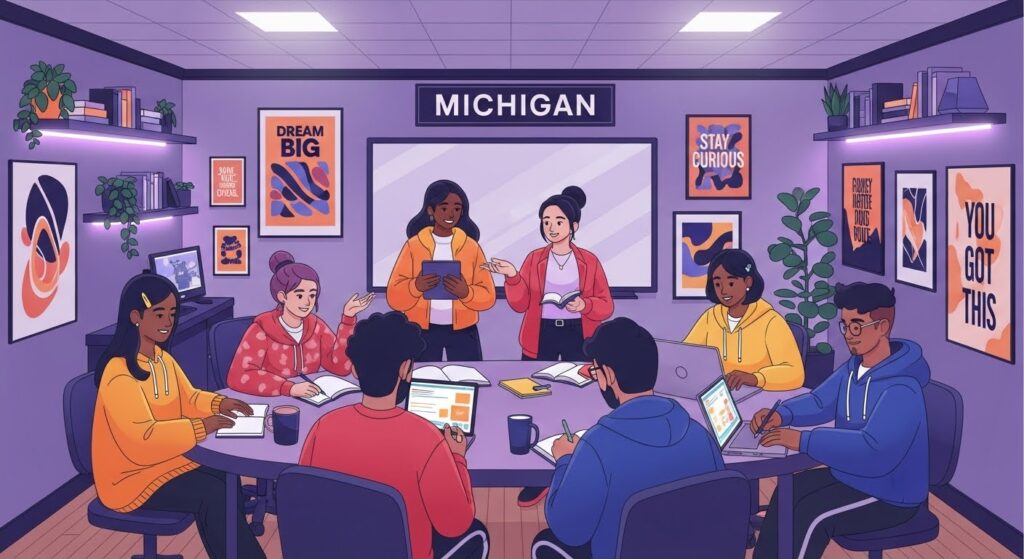Ilustração de um grupo diverso de jovens estudantes em uma sala de estudos moderna com a placa "MICHIGAN". Dois estudantes apresentam um trabalho à frente, enquanto outros cinco estão sentados ao redor de uma mesa redonda com laptops e cadernos. O ambiente possui tons roxos e cartazes motivacionais nas paredes.