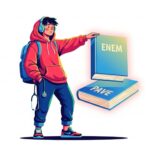 Ilustração de um estudante jovem com mochila, fones de ouvido e estetoscópio no pescoço, escolhendo entre dois livros flutuantes identificados como "ENEM" e "PAVE". Estilo arte digital moderna em fundo branco.