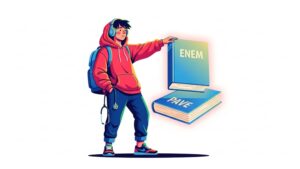 Ilustração de um estudante jovem com mochila, fones de ouvido e estetoscópio no pescoço, escolhendo entre dois livros flutuantes identificados como "ENEM" e "PAVE". Estilo arte digital moderna em fundo branco.