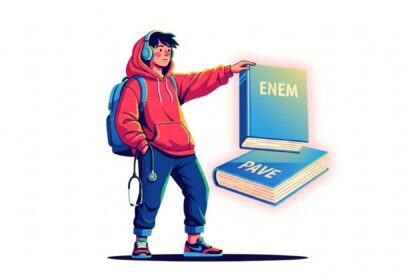 Ilustração de um estudante jovem com mochila, fones de ouvido e estetoscópio no pescoço, escolhendo entre dois livros flutuantes identificados como "ENEM" e "PAVE". Estilo arte digital moderna em fundo branco.