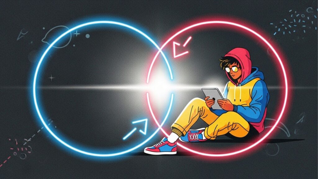 Jovem sentado no chão usando um tablet dentro de um diagrama de Venn feito de luz neon vermelha e azul. O estudante está em uma área de sombra, destacando o brilho dos círculos que se sobrepõem.