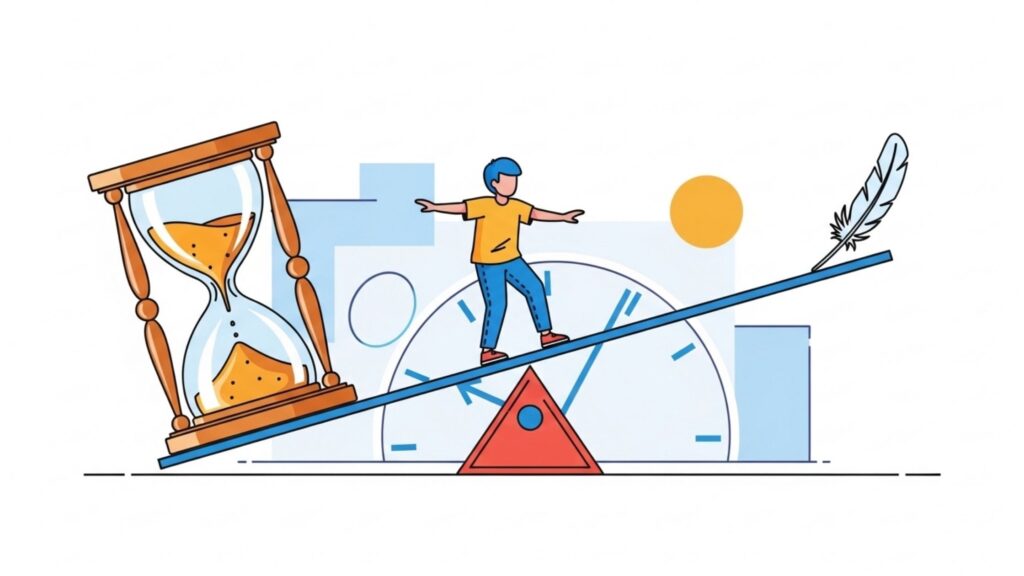 Desenho conceitual de um estudante equilibrando-se em uma gangorra sobre um triângulo. De um lado, uma grande ampulheta pesada com areia; do outro, uma pena leve. Ao fundo, um relógio analógico e formas geométricas.