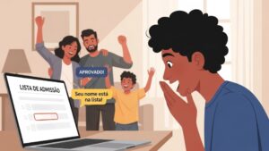 Jovem comemorando com sua família ao ver o nome na "Lista de Admissão" da universidade em um notebook. Balões de fala dizem "Aprovado!" e "Seu nome está na lista!".