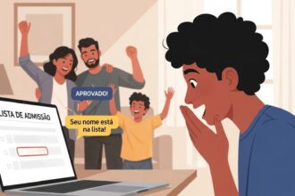 Jovem comemorando com sua família ao ver o nome na "Lista de Admissão" da universidade em um notebook. Balões de fala dizem "Aprovado!" e "Seu nome está na lista!".