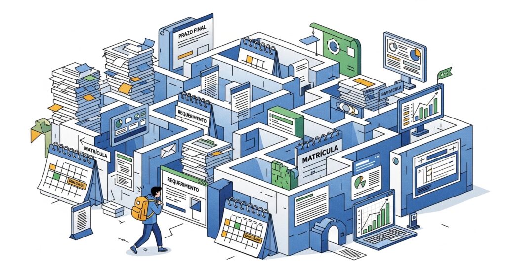 Ilustração isométrica de um estudante navegando por um labirinto de processos burocráticos representados por papéis, calendários e telas com as palavras "Matrícula" e "Requerimento".