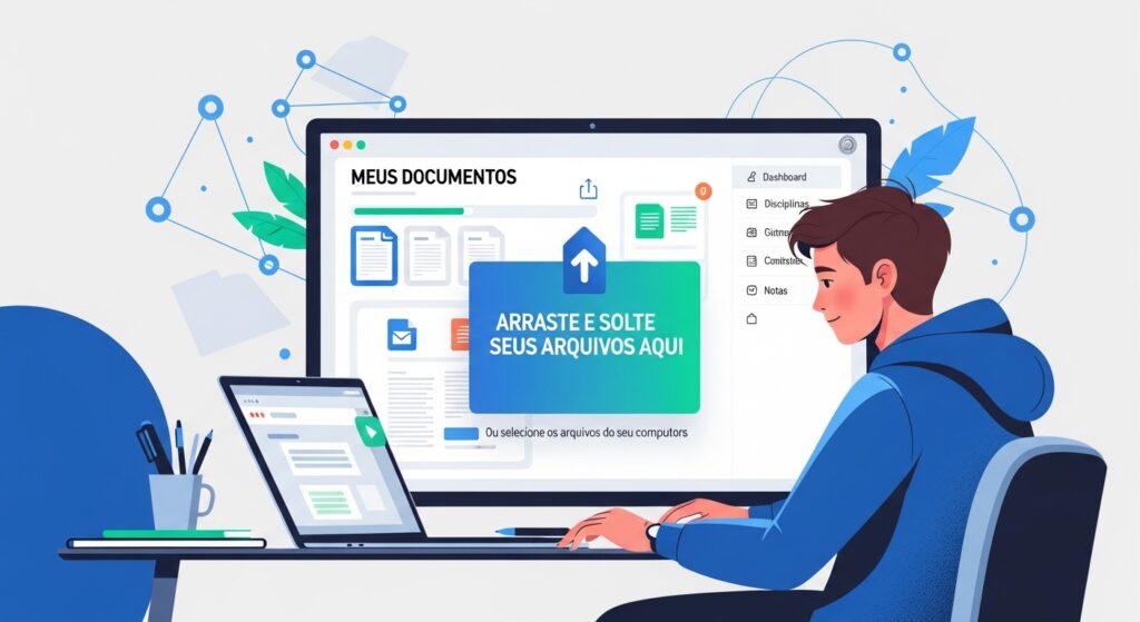 Estudante sentado em frente a um monitor que exibe o sistema de gestão de documentos com a mensagem "Arraste e solte seus arquivos aqui". Interface intuitiva para matrícula online.
