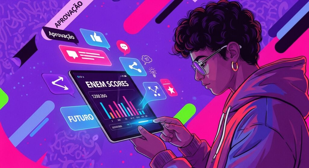 Ilustração de um estudante analisando gráficos de desempenho do ENEM em um tablet. Ao fundo, elementos flutuantes com ícones de redes sociais e as palavras "Aprovação" e "Futuro".