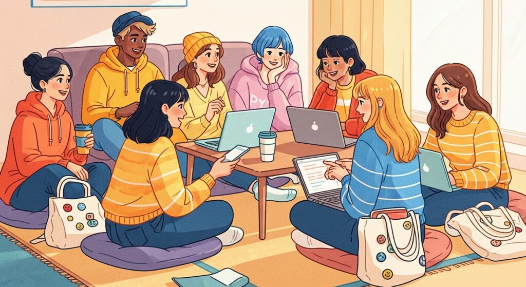 Grupo de estudantes diversos reunidos em uma sala colorida, utilizando notebooks e conversando de forma colaborativa. Ilustração sobre vida acadêmica e estudo em grupo na UFPel.