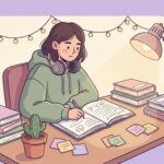 Ilustração de uma jovem estudando em uma escrivaninha organizada com luminária, fones de ouvido e livros. O ambiente é acolhedor, com luzes decorativas ao fundo, transmitindo foco e concentração.