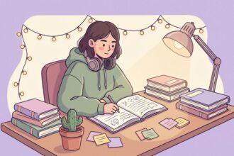 Ilustração de uma jovem estudando em uma escrivaninha organizada com luminária, fones de ouvido e livros. O ambiente é acolhedor, com luzes decorativas ao fundo, transmitindo foco e concentração.