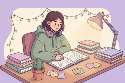 Ilustração de uma jovem estudando em uma escrivaninha organizada com luminária, fones de ouvido e livros. O ambiente é acolhedor, com luzes decorativas ao fundo, transmitindo foco e concentração.
