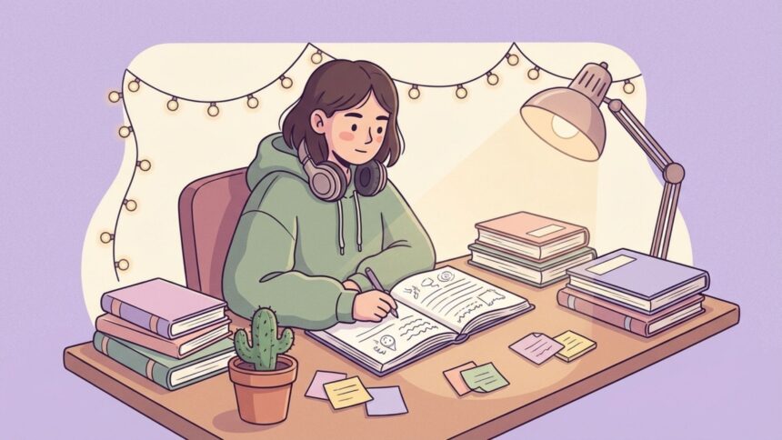 Ilustração de uma jovem estudando em uma escrivaninha organizada com luminária, fones de ouvido e livros. O ambiente é acolhedor, com luzes decorativas ao fundo, transmitindo foco e concentração.