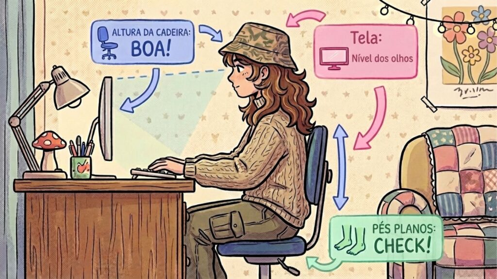 Infográfico ilustrado sobre ergonomia no ambiente de estudos. Mostra uma pessoa sentada corretamente com a coluna reta, pés planos no chão, cadeira em altura adequada e monitor ao nível dos olhos para evitar má postura.
