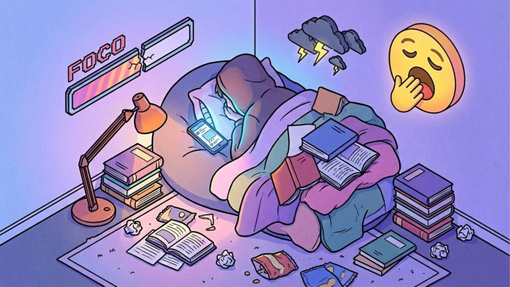 Ilustração de um estudante deitado em um puff cercado por livros bagunçados e restos de comida. Elementos visuais como uma barra de "foco" quebrada, nuvens de tempestade e um emoji bocejando representam exaustão e falta de produtividade.