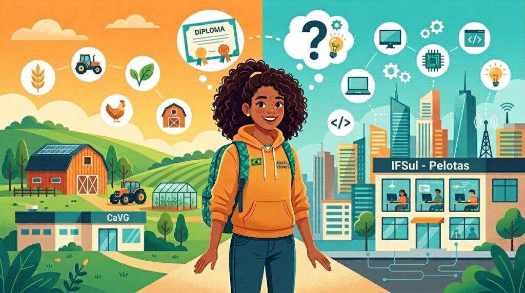 Ilustração comparativa entre o campus rural CaVG e o campus urbano IFSul Pelotas. À esquerda, uma fazenda com tratores e estufas; à direita, prédios modernos e ícones de tecnologia. No centro, uma estudante sorridente planeja seu futuro acadêmico.