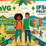 Infográfico ilustrado mostrando o contraste entre o CaVG (Campus Rural) e o IFSul Pelotas (Campus Urbano). O lado rural exibe campos, gado e trator, enquanto o lado urbano destaca laboratórios de informática e biblioteca. Dois estudantes aparecem à frente das instituições.