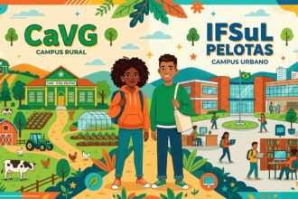 Infográfico ilustrado mostrando o contraste entre o CaVG (Campus Rural) e o IFSul Pelotas (Campus Urbano). O lado rural exibe campos, gado e trator, enquanto o lado urbano destaca laboratórios de informática e biblioteca. Dois estudantes aparecem à frente das instituições.