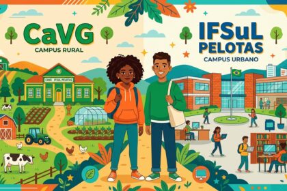 Infográfico ilustrado mostrando o contraste entre o CaVG (Campus Rural) e o IFSul Pelotas (Campus Urbano). O lado rural exibe campos, gado e trator, enquanto o lado urbano destaca laboratórios de informática e biblioteca. Dois estudantes aparecem à frente das instituições.