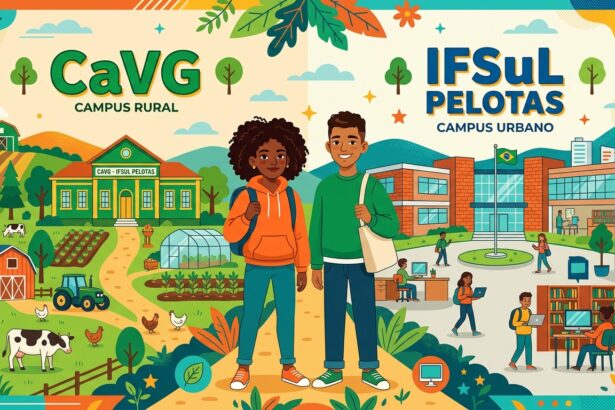 Infográfico ilustrado mostrando o contraste entre o CaVG (Campus Rural) e o IFSul Pelotas (Campus Urbano). O lado rural exibe campos, gado e trator, enquanto o lado urbano destaca laboratórios de informática e biblioteca. Dois estudantes aparecem à frente das instituições.