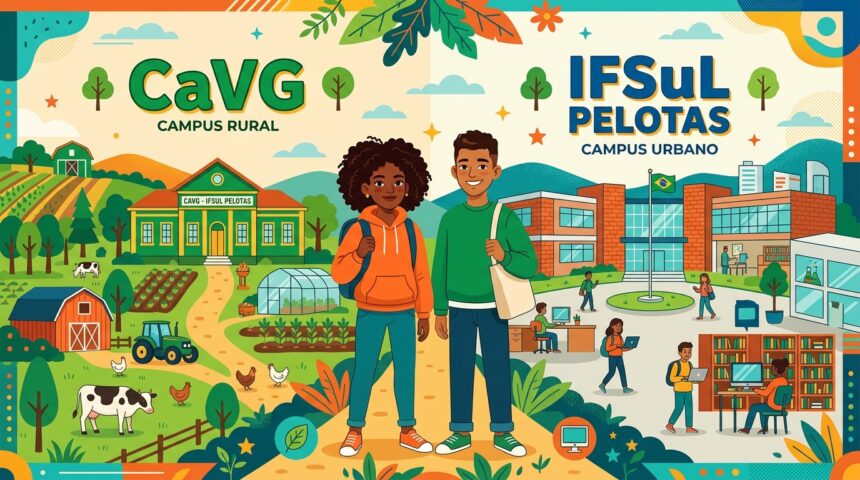 Infográfico ilustrado mostrando o contraste entre o CaVG (Campus Rural) e o IFSul Pelotas (Campus Urbano). O lado rural exibe campos, gado e trator, enquanto o lado urbano destaca laboratórios de informática e biblioteca. Dois estudantes aparecem à frente das instituições.