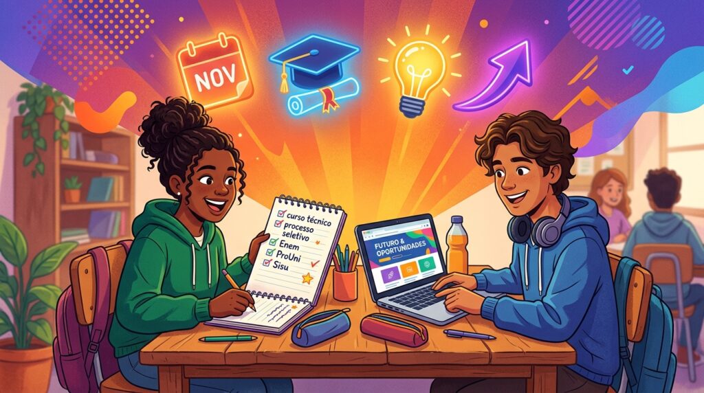 Dois estudantes em uma mesa de estudos com notebook e caderno. No caderno, uma lista de tarefas inclui: curso técnico, processo seletivo, Enem, ProUni e Sisu. Ícones flutuantes de lâmpada, chapéu de formatura e calendário de novembro sugerem planejamento educacional.