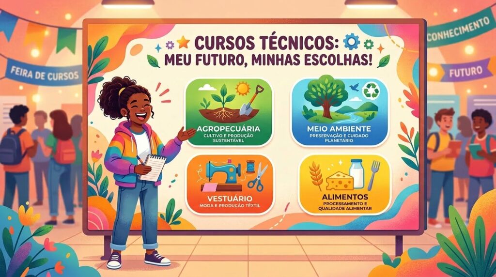 Cartaz colorido anunciando Cursos Técnicos com o título "Meu futuro, minhas escolhas!". Estão destacados quatro eixos: Agropecuária (cultivo sustentável), Meio Ambiente (preservação), Vestuário (moda e têxtil) e Alimentos (processamento e qualidade). Uma estudante negra aponta para as opções.