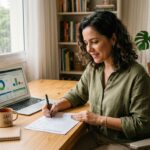 Mulher sentada à mesa de escritório sorrindo enquanto faz anotações em um papel. Ao lado, um notebook exibe gráficos financeiros de orçamento e livros sobre "Educação Financeira" e "Gestão Orçamentária" estão empilhados na mesa.