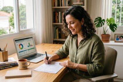 Mulher sentada à mesa de escritório sorrindo enquanto faz anotações em um papel. Ao lado, um notebook exibe gráficos financeiros de orçamento e livros sobre "Educação Financeira" e "Gestão Orçamentária" estão empilhados na mesa.