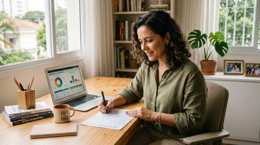 Mulher sentada à mesa de escritório sorrindo enquanto faz anotações em um papel. Ao lado, um notebook exibe gráficos financeiros de orçamento e livros sobre "Educação Financeira" e "Gestão Orçamentária" estão empilhados na mesa.