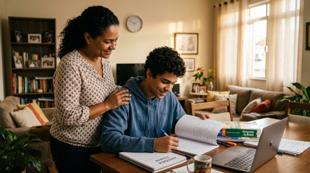 Mulher apoia a mão no ombro de um jovem que estuda concentrado em uma mesa de jantar. O estudante escreve em um caderno com o título "História / ENEM" ao lado de um livro de "Geografia do Brasil" e um notebook aberto.