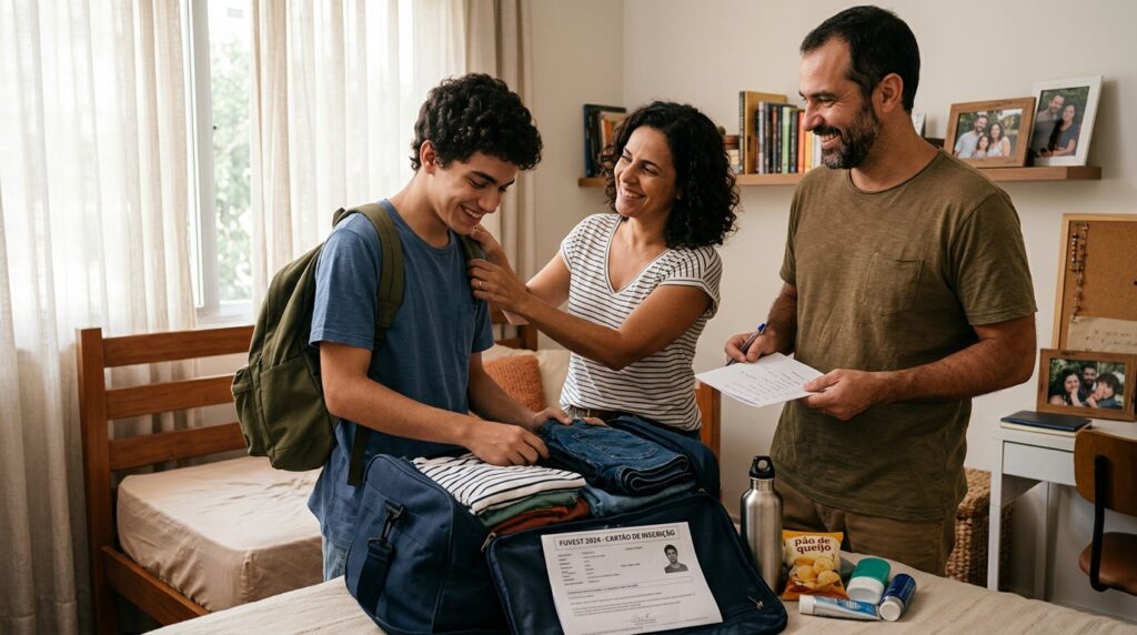 Um casal sorridente ajuda o filho jovem a arrumar as malas sobre a cama. Em destaque, um cartão de inscrição da FUVEST 2024 aparece sobre a mala aberta com roupas dobradas, simbolizando a aprovação no vestibular e o início da vida universitária.