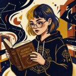 Ilustração em estilo artístico de uma jovem lendo o livro "Memórias Póstumas de Brás Cubas" em uma biblioteca. Ao redor dela, elementos fluídos contêm citações famosas da obra de Machado de Assis sobre Marcela e o "legado da nossa miséria".