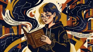 Ilustração em estilo artístico de uma jovem lendo o livro "Memórias Póstumas de Brás Cubas" em uma biblioteca. Ao redor dela, elementos fluídos contêm citações famosas da obra de Machado de Assis sobre Marcela e o "legado da nossa miséria".