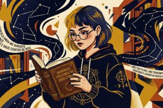 Ilustração em estilo artístico de uma jovem lendo o livro "Memórias Póstumas de Brás Cubas" em uma biblioteca. Ao redor dela, elementos fluídos contêm citações famosas da obra de Machado de Assis sobre Marcela e o "legado da nossa miséria".