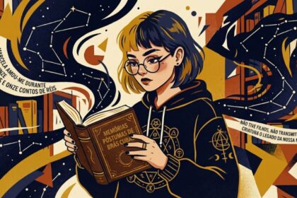 Ilustração em estilo artístico de uma jovem lendo o livro "Memórias Póstumas de Brás Cubas" em uma biblioteca. Ao redor dela, elementos fluídos contêm citações famosas da obra de Machado de Assis sobre Marcela e o "legado da nossa miséria".