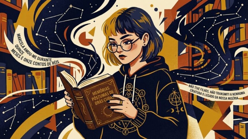 Ilustração em estilo artístico de uma jovem lendo o livro "Memórias Póstumas de Brás Cubas" em uma biblioteca. Ao redor dela, elementos fluídos contêm citações famosas da obra de Machado de Assis sobre Marcela e o "legado da nossa miséria".