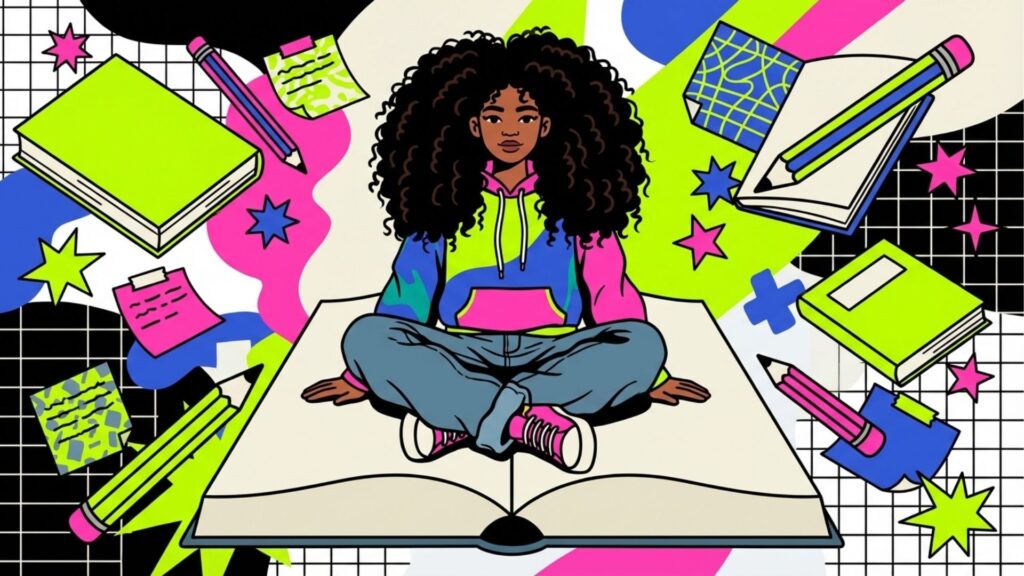 Ilustração colorida de uma jovem negra de cabelos cacheados sentada sobre um livro gigante aberto. O fundo é composto por elementos vibrantes como lápis, blocos de notas, estrelas e formas geométricas em tons de neon e pop art.