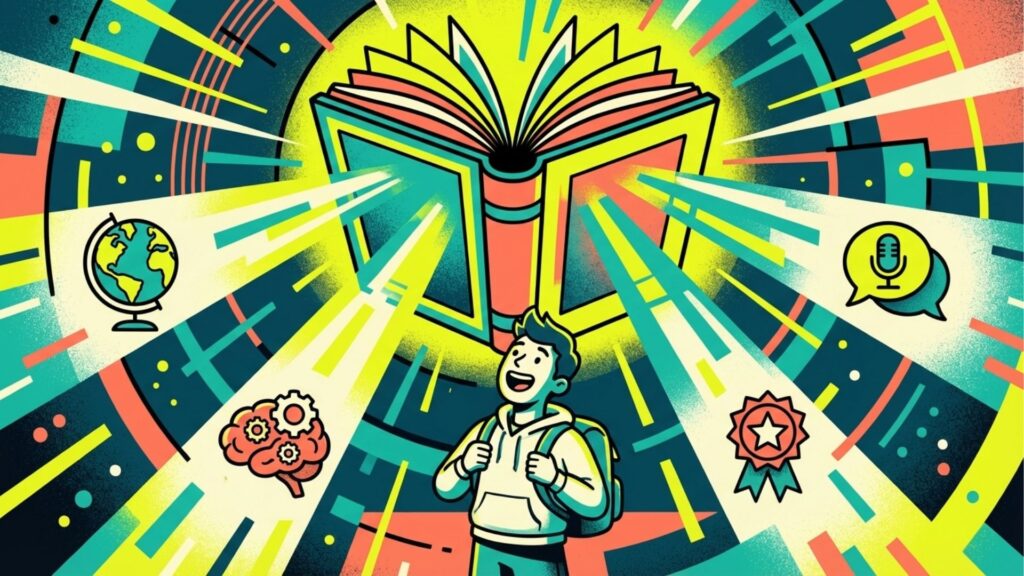 Ilustração de um estudante com mochila olhando maravilhado para um livro gigante que emite raios de luz. Ícones de um globo terrestre, cérebro com engrenagens, microfone e uma medalha flutuam ao redor, simbolizando conhecimento e sucesso acadêmico.