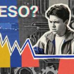 Colagem em estilo pop-art com um jovem expressando frustração. À frente, um gráfico de desempenho mostra altos e baixos que terminam em uma linha horizontal azul, acompanhado do texto "PRESO?". O fundo possui engrenagens e cores vibrantes.